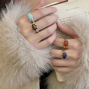 Vintage Adjustable Open Ring With Oval Natural Stone Copper Gold Plated Bohemian Retro Style Jewelry For Women