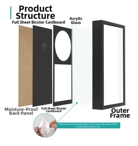 Exploded view of wall-mounted CD frame showing wood frame, glass, mat and moisture-proof back