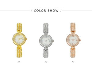 Detailed comparison of gold, silver, and rose gold watches with full diamond crystal bands