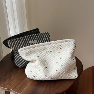 Retro Woven Cotton Makeup Bag Colorful Polka Dot Cosmetic Pouch Zipper Travel Storage Clutch Bag For Women