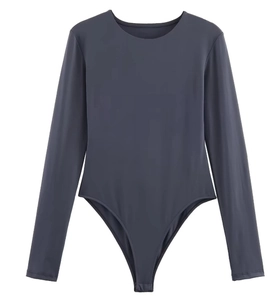 Detailed flat lay of a dark grey long sleeve bodysuit with round neck on white background