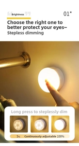 Macro detail of round LED night light showing step-less dimming from 5% to 100% brightness