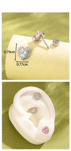 Detailed view of heart zircon earrings showing 0.77cm x 0.79cm size and model display