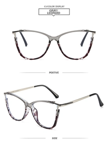 Detail view showing gray metal and leopard cat-eye glasses frame from front and side