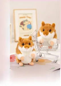 Close-up of fluffy plush hamster dolls with realistic texture and mini metal shopping cart