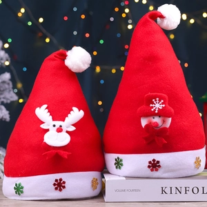 Red velvet Christmas hats with 3D snowman and reindeer characters and snowflake glitter