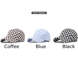 Checkboard cotton baseball caps in coffee blue and black colors displayed on white