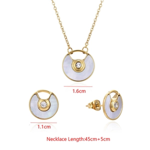 Detailed size view of gold necklace and stud earrings set with white shell and zirconia