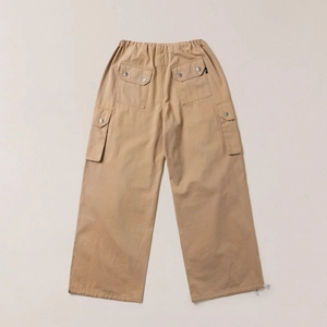 Rear view of khaki cargo pants showing drawstring waist and flap pockets in cotton twill