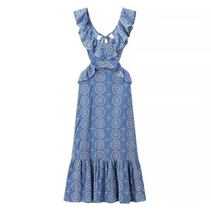 Blue sleeveless midi dress with white floral embroidery and shoulder ruffles