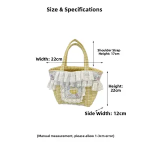 Size chart showing 22x22x12cm dimensions for yellow gingham tote bag with lace trim