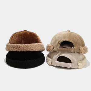 Winter corduroy miki hats with faux lamb wool trim and adjustable velcro straps