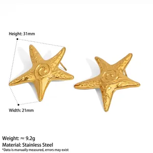 Golden stainless steel starfish stud earrings with ocean spiral texture and 31mm height