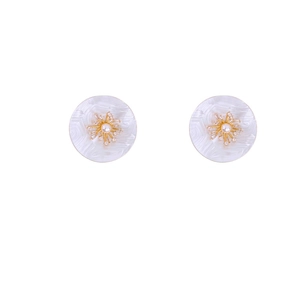 Exquisite round pearl stud earrings with zircon snowflake accents on white shell base