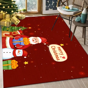 Festive red Christmas floor mat with Santa Claus and Reindeer on bright wooden floor