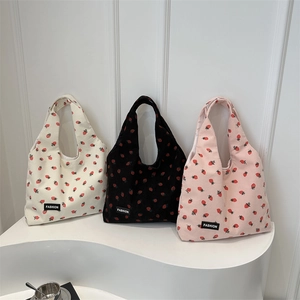 Strawberry Print Corduroy Tote Bag Large Capacity Single Shoulder Shopping Bag Korean Style Fashion Leisure Women
