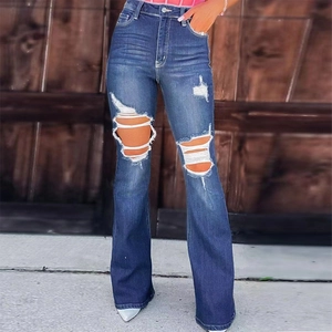Women High Waisted Distressed Flare Jeans Blue Ripped Denim Pants Casual Street Style Slim Fit Micro Flare