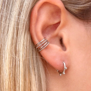 Minimalist S925 silver multi-layer ear cuff and beaded hoop earring set for women
