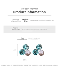 Detailed view of floral cluster earrings with blue rhinestones and pearls measuring 1.8cm