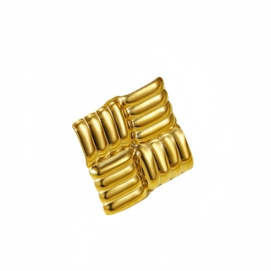 Minimalist square textured gold stainless steel ring with elegant woven pattern design