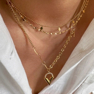 Double-layered 14K gold plated stainless steel necklace with diamond V pendant