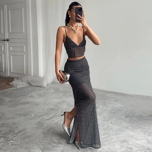 Mesh polka dot two-piece set featuring cropped camisole and side slit long skirt