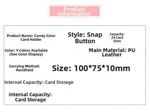 Detailed specifications of the 24-slot PU leather mini card wallet with snap closure