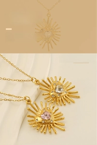 Vue détaillée des pendentifs tournesol en forme de cœur avec zircons roses et blancs