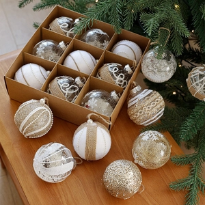 White and gold 8cm Christmas ball ornaments set with rustic textures and glitter patterns