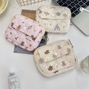 Quilted multipurpose organizer pouch with cute bear and elephant patterns and key ring