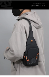 Detail of minimalist black crossbody bag with vibrant orange zippers and camo print