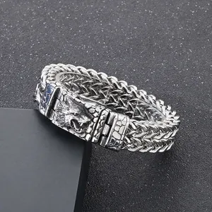Bracelet Tête De Loup Acier Inoxydable 316L Chaîne Tressée À Deux Rangs Bijoux Punk Rock Pour Hommes Vintage Motard