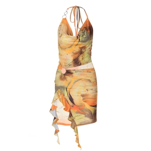 Women's backless halter dress with abstract orange print and waist cutout detail