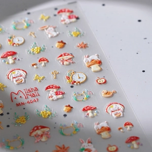3D embossed nail stickers featuring rabbit and mushroom forest motifs for manicures