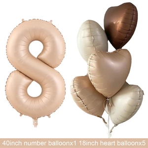 Detail of 40-inch cream number 8 balloon with set of 5 caramel heart foil balloons