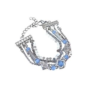 Vintage multi-layer bohemian bracelet with silver chains and light blue beads