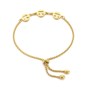 Fashionable golden stainless steel link bracelet with adjustable draw-string and round charms