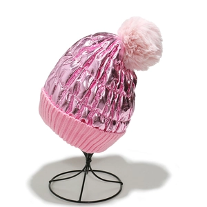 Pink winter knit beanie with metallic fabric, large pom-pom and thick fleece lining