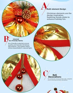 Detail of Christmas bow with golden glitter fabric, red bells, and mini gift box elements
