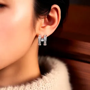 Minimalist silver H-shaped ear cuff with baguette cubic zirconia inlay for women