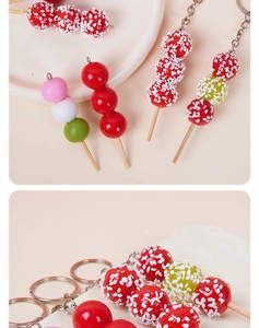 Detailed view of miniature candied hawthorn and tri-color dango food keychains