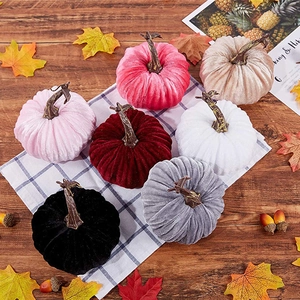 Set of seven velvet pumpkins in assorted colors for Thanksgiving harvest home decoration