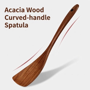 Ergonomic teak wood S-shaped kitchen spatula for non-stick pans with natural grain