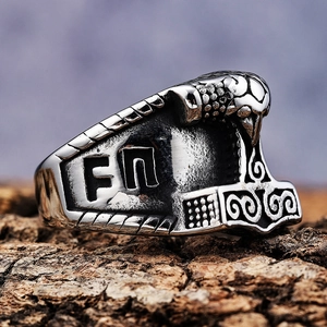 Vintage stainless steel Viking Mjölnir ring with crow design and FN engraving