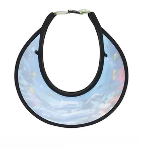 Detailed interior view of kid's sun hat brim with blue ocean print and elastic strap