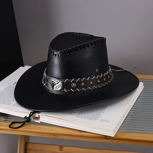 Retro black leather western cowboy hat with metal bull buckle and wide brim design