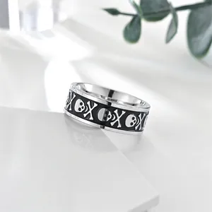 Vintage stainless steel skull ring for men with black engraved punk rock relief pattern
