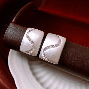 Detail showing matte silver square earrings with S-curve zircon inlay on leather stand