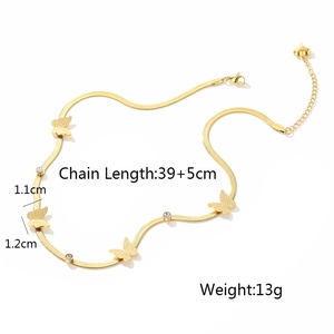 Detail shot of golden butterfly pendant with s-curve snake chain and size specs