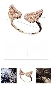 Detail of adjustable hollow wing ring with 42 inlaid sparkling crystals in gold plating